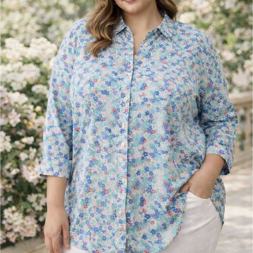 Talbots Casual Long Sleeve Button Down Shirt Floral Blue Women's Plus Size 2X